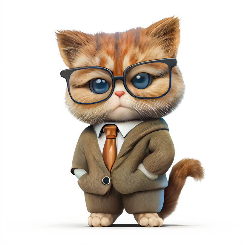 cute fluffy cat with glasses and a winter jacket boy , hipster student or teacher , 3d illustration isolate